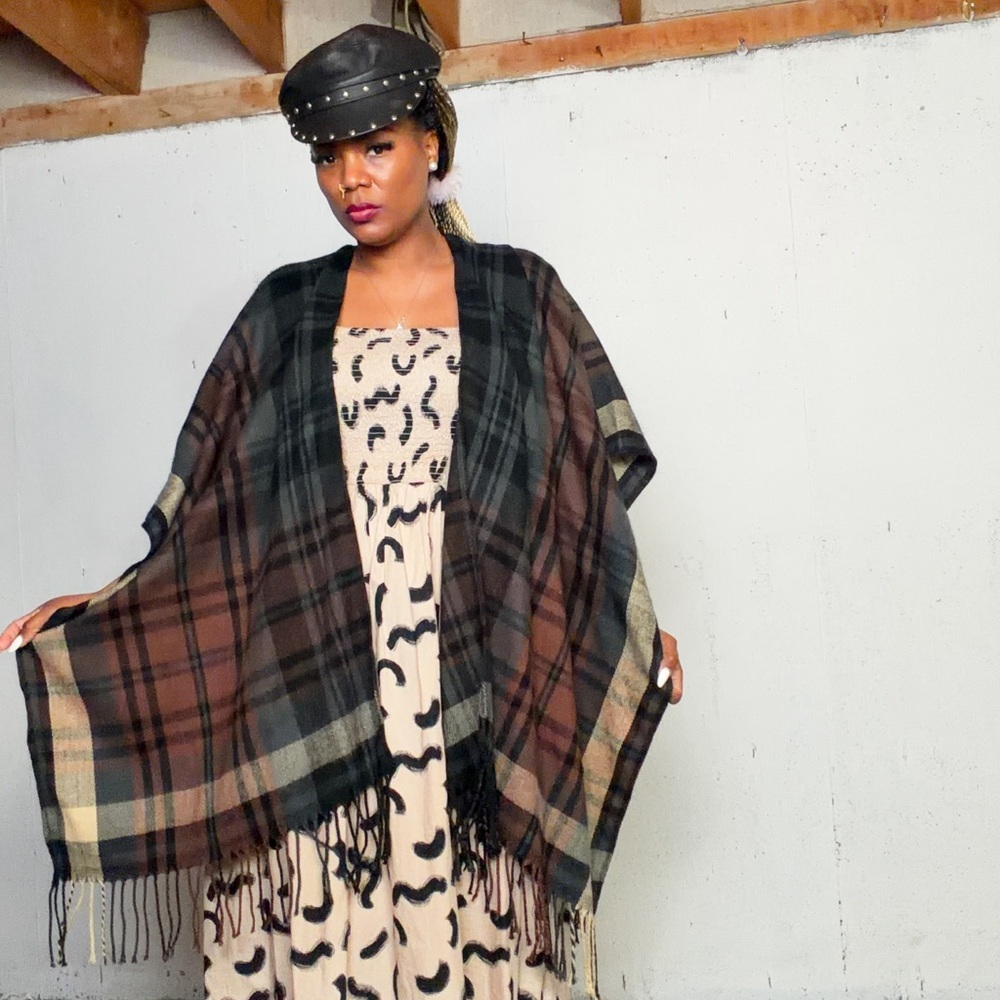 Plaid Fringe Kimono, fits M-L